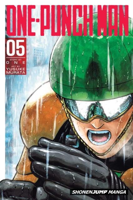 One-Punch Man, Vol. 5 manga cover featuring a character in a green helmet and goggles in the rain.