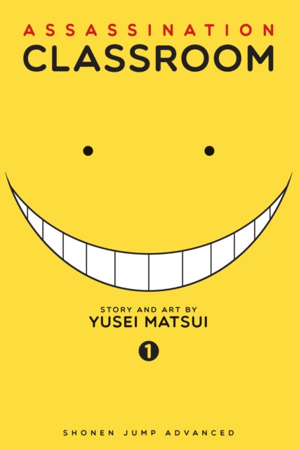 Assassination Classroom, Vol. 1 manga cover with a yellow background and a large smiling face.