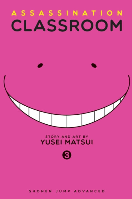 Assassination Classroom, Vol. 3 manga cover with a pink background and a smiling face.
