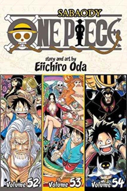 One Piece manga volumes 52, 53, and 54 featuring various characters.