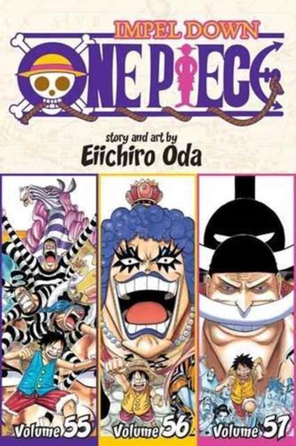 One Piece Impel Down manga cover featuring multiple characters and volumes 55, 56, and 57.