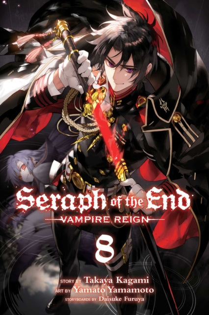 Seraph of the End, Vol. 8 manga cover featuring a male vampire with purple eyes and a sword.