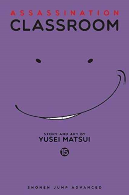 Assassination Classroom, Vol. 15 manga cover with a purple background and a smiling face.