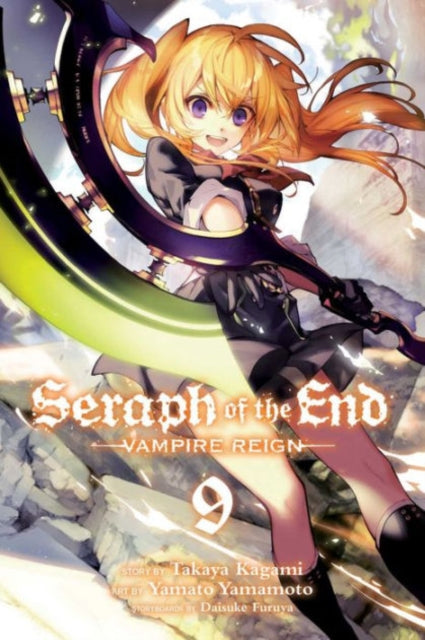 Seraph of the End, Vol. 9 manga cover featuring a young girl with blonde pigtails holding a large scythe.