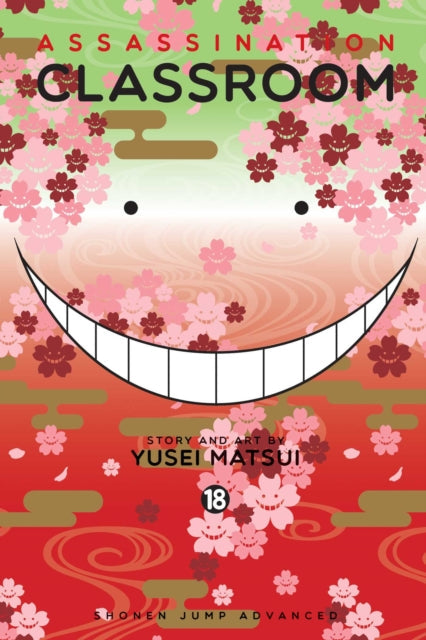 Assassination Classroom Vol. 18 manga cover featuring a smiling face with cherry blossoms.