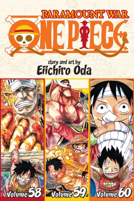 One Piece Paramount War cover art featuring characters from volumes 58, 59, and 60.