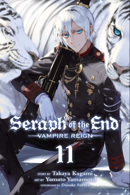 Seraph of the End Vol. 11 manga cover featuring a white-haired man in a military uniform with tigers.