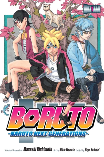 Boruto: Naruto Next Generations, Vol. 1 manga cover featuring Boruto, Sarada, and Mitsuki.