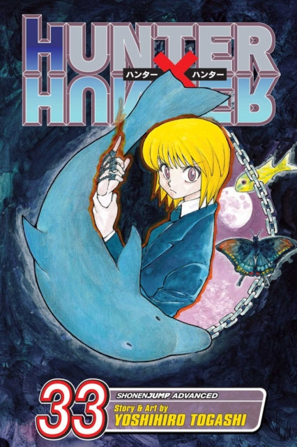 Hunter x Hunter, Vol. 33 manga cover featuring Kurapika and a blue dolphin-like creature.