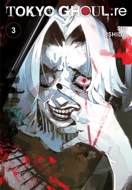 Tokyo Ghoul: re, Vol. 3 manga cover featuring a close-up of a character with white hair and a disturbing smile.