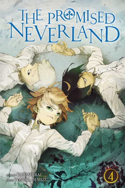 The Promised Neverland, Vol. 4 manga cover features three children lying down.