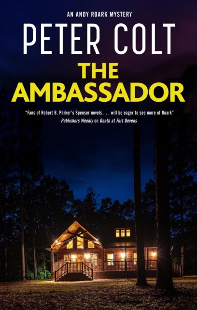 The Ambassador book cover featuring a log cabin at night.
