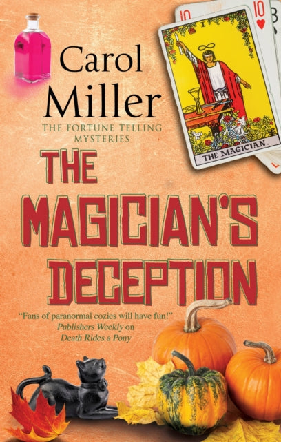 The Magician's Deception book cover with tarot cards and pumpkins.