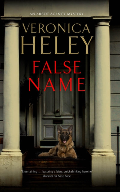 False Name book cover featuring a German Shepherd on steps in front of a door.