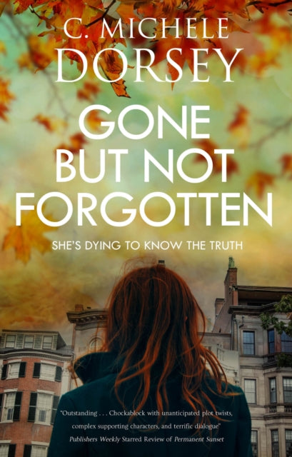 Gone But Not Forgotten book cover with autumn leaves and a woman's silhouette.
