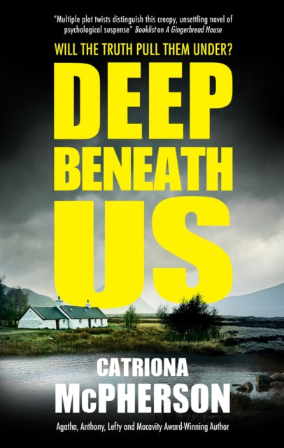 Deep Beneath Us book cover with a house by a lake and mountains.