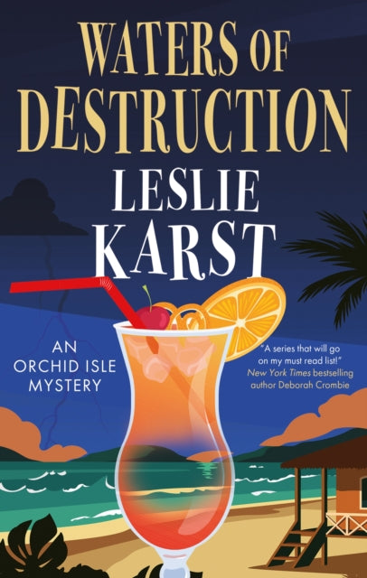 Waters of Destruction book cover featuring a tropical drink on a beach.