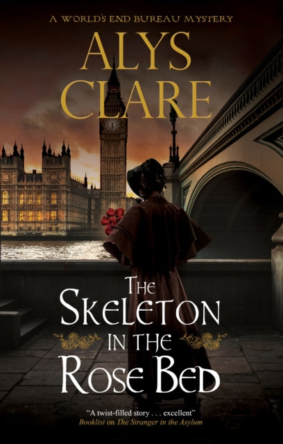 The Skeleton in the Rose Bed book cover featuring London landmarks and a person holding roses.