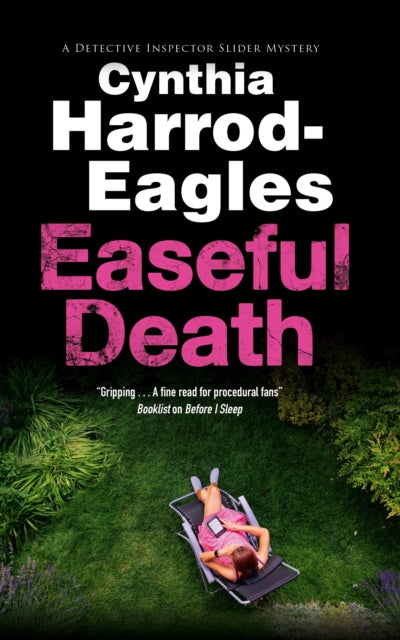 Easeful Death book cover with a woman reading in a lounge chair.