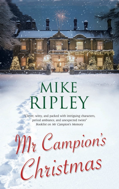 Mr Campion's Christmas book cover with a snowy mansion and fireworks.