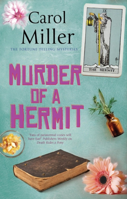 Murder of a Hermit book cover with tarot card and flowers.