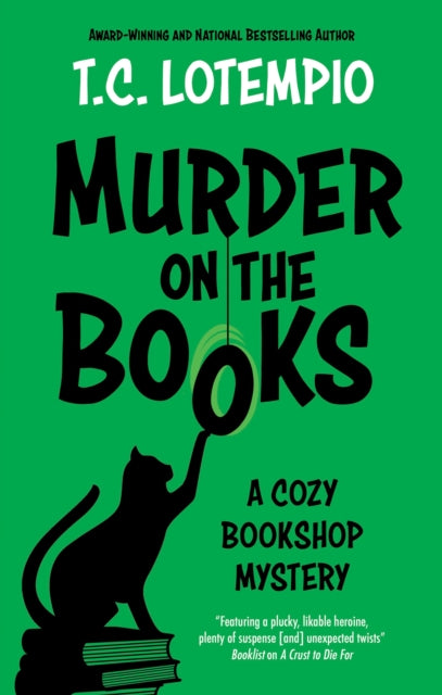 Murder on the Books book cover with a cat on books.