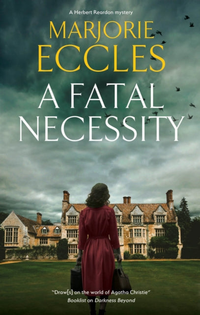 A Fatal Necessity book cover with a woman in a red dress walking towards a manor.