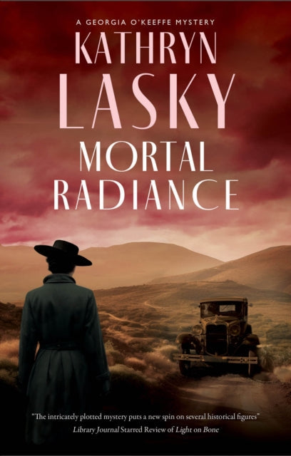 Mortal Radiance book cover featuring a person in a hat and coat looking at a vintage car in a desert landscape.