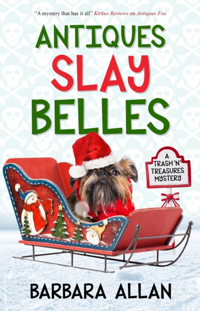 Antiques Slay Belles book cover featuring a dog in a Santa hat in a sleigh.