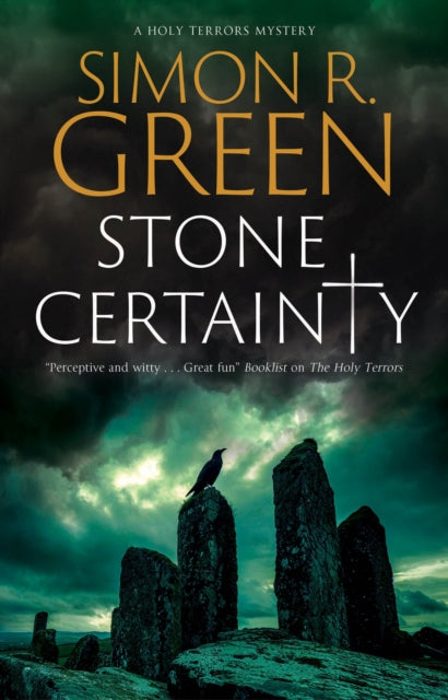 Book cover for Stone Certainty by Simon R. Green with a crow on standing stones.