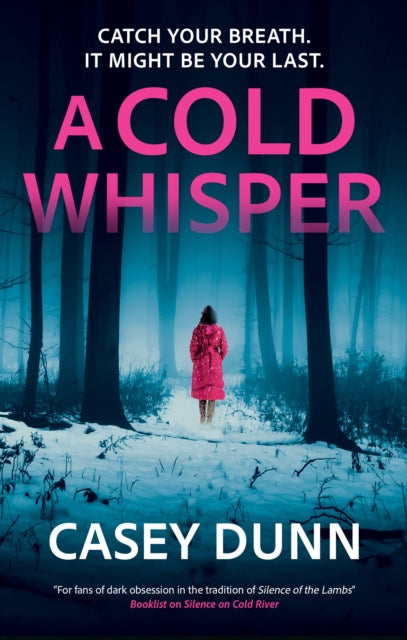 A Cold Whisper book cover with a person in a red coat in a snowy forest.