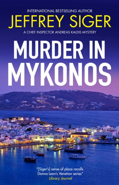 Murder in Mykonos book cover with a nighttime view of the island.
