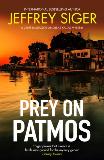 Prey on Patmos book cover featuring a sunset over a Greek harbor.