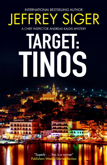 Target: Tinos book cover with a nighttime view of a Greek town.