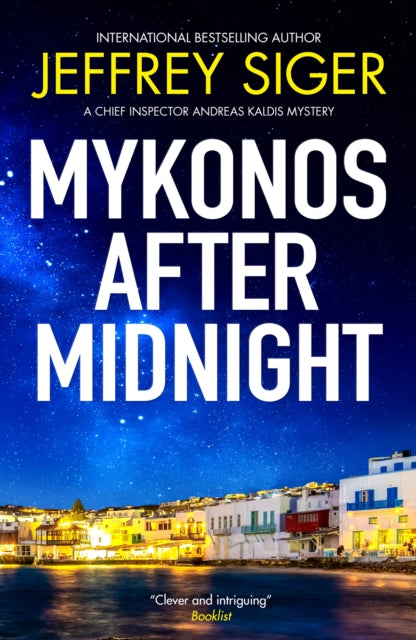 Mykonos after Midnight book cover with a starry night sky and a town by the water.