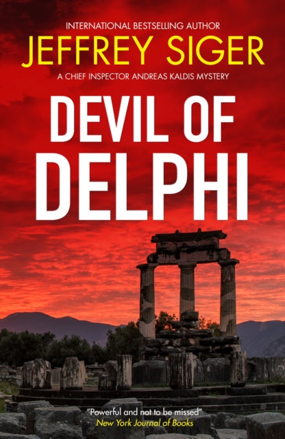 Devil of Delphi book cover with ancient ruins and a red sky.
