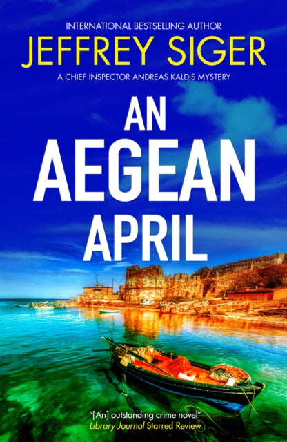 An Aegean April book cover featuring a coastal town and a boat.