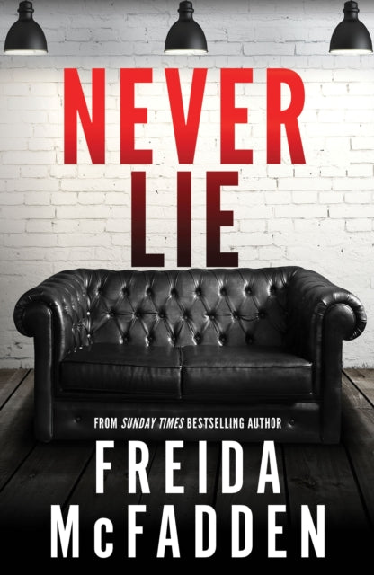 Book cover for "Never Lie" by Freida McFadden featuring a black leather couch.