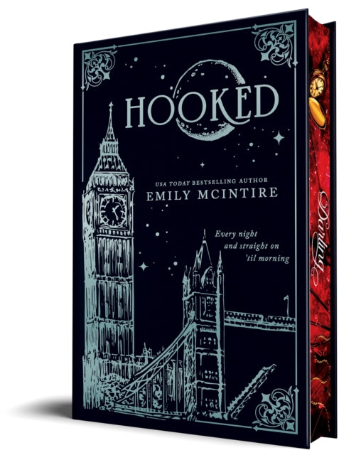 Hardcover collector's edition of Hooked by Emily McIntire, featuring a dark cover with Big Ben and starry moon.