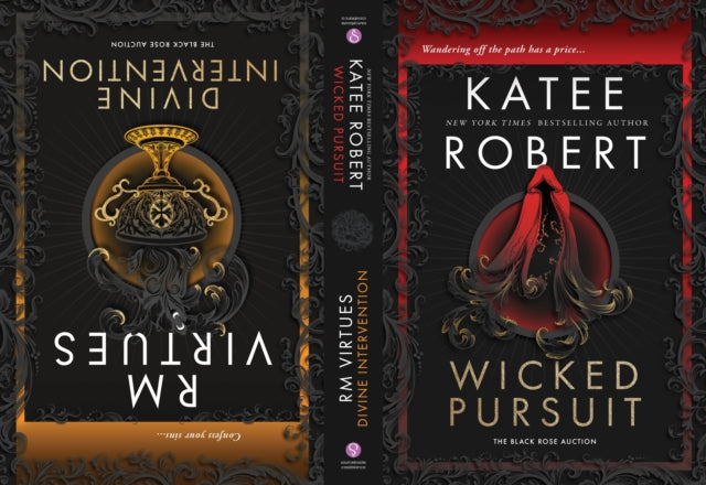 Two book covers, Divine Intervention and Wicked Pursuit, with ornate black borders.