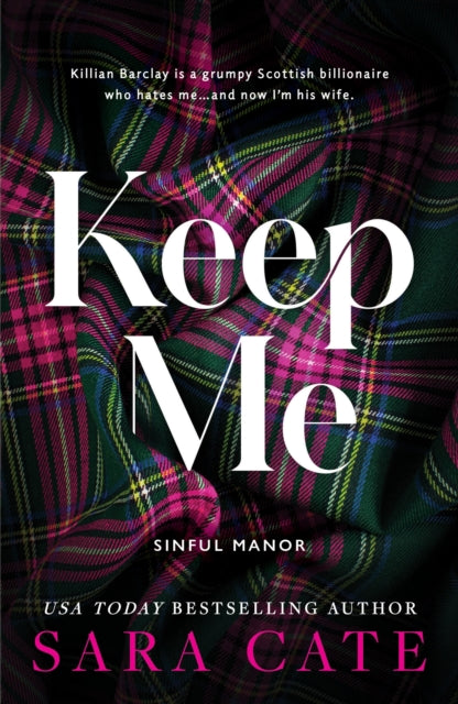 Book cover for "Keep Me" by Sara Cate, featuring a tartan pattern.
