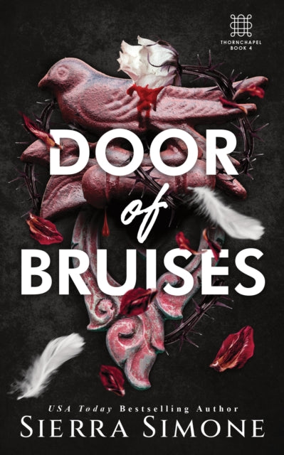 Book cover for Door of Bruises by Sierra Simone featuring a bird statue with thorns and petals.