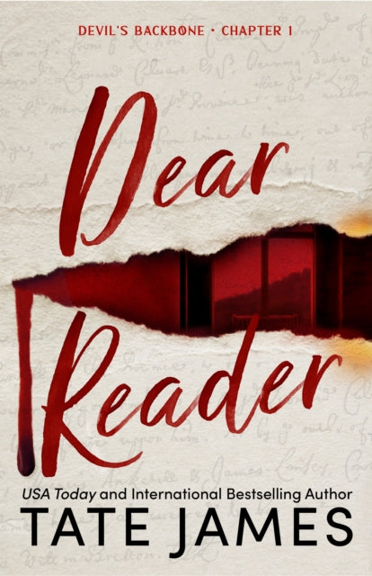 Book cover for "Dear Reader" by Tate James, featuring torn paper and red lettering.
