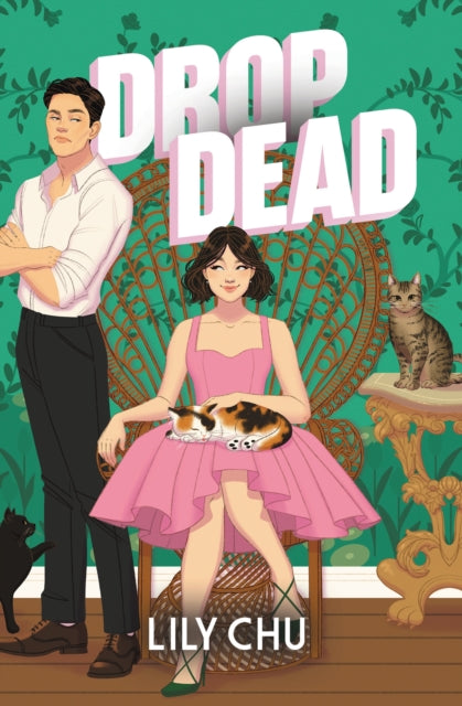 Book cover for "Drop Dead" by Lily Chu, featuring two people and cats.