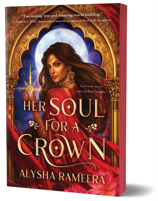 Book cover for Her Soul for a Crown featuring a woman in red with a moon behind her.