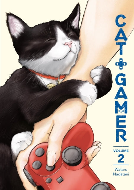 Cat + Gamer Volume 2 manga cover features a black and white cat hugging a person's arm holding a red video game controller.