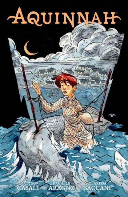Aquinnah comic book cover featuring a person in a boat with a whale and a village in the background.