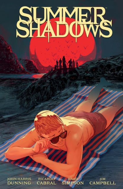 Summer Shadows comic book cover featuring a man on a beach towel with a red sun and silhouetted figures in the background.