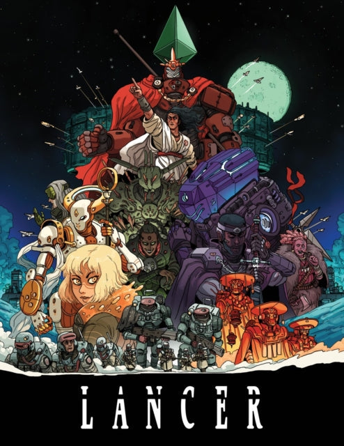 Lancer TTRPG Core Rulebook cover art featuring a diverse cast of characters and mechs.