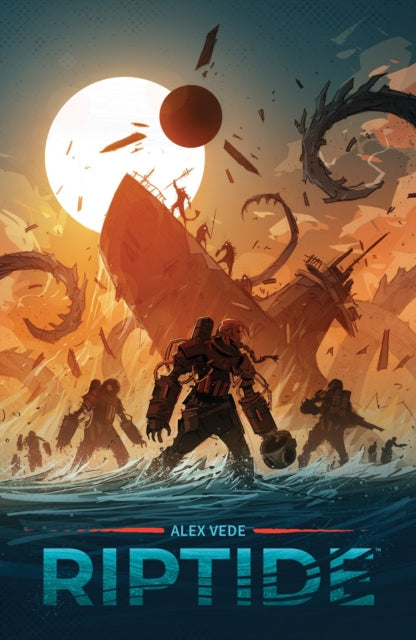 Riptide book cover art featuring people in a stormy sea with a large sun and debris.